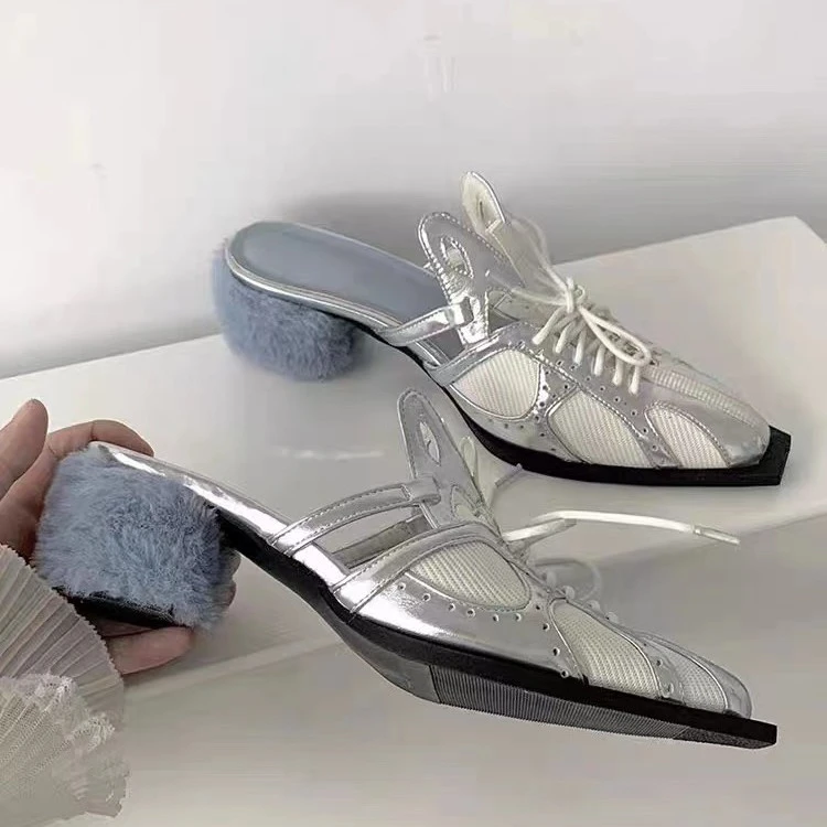 穆勒鞋女2023春夏新款欧美风尖头拼色y2k辣妹高跟鞋系带包头凉鞋