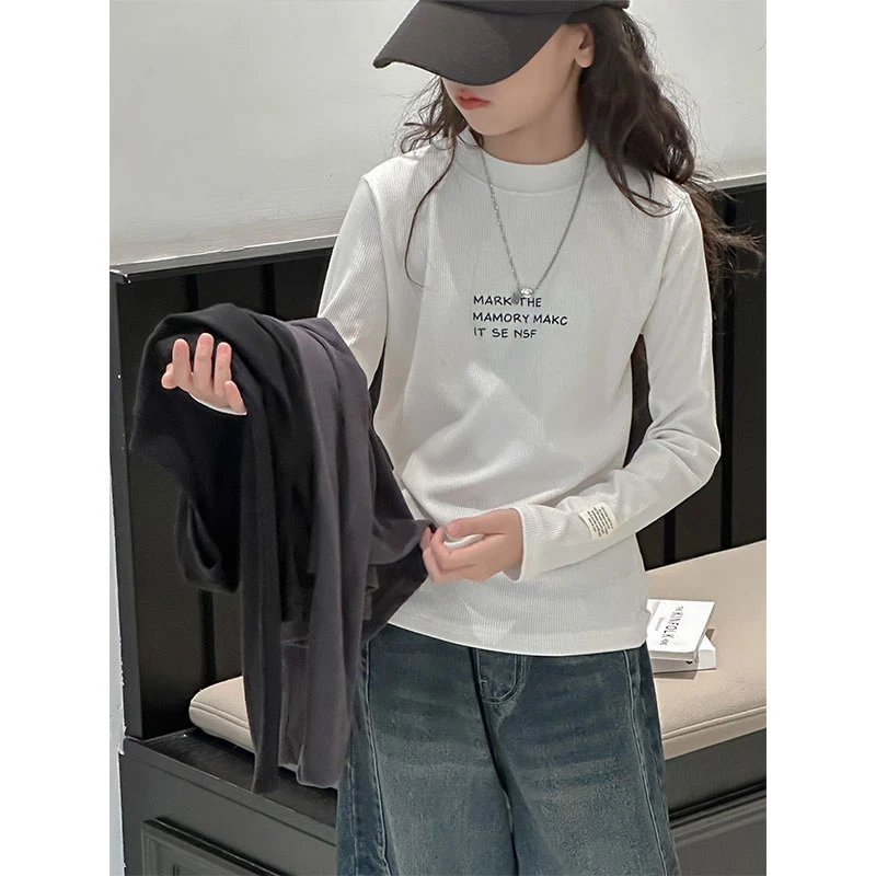 K27004孙小美坑条女童T恤2025春秋装新款儿童打底衫长袖上衣t