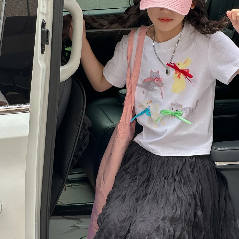 K26619立体蝴蝶结女童短袖T恤2025新款夏季儿童上衣大童休闲半袖t