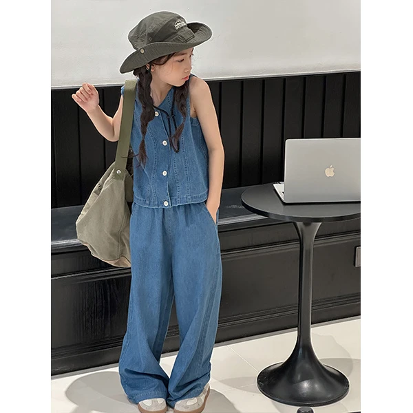 K24237韩国童装女童牛仔套装夏装2025儿童夏季薄款无袖女童两件套