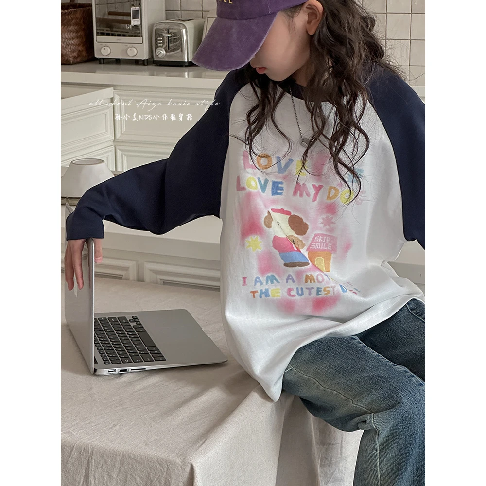 K25902韩国插肩袖女童长袖加绒加厚T恤2025秋冬装新款上衣大童潮t