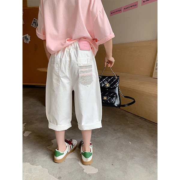 K23965多色线条女童裤子夏季童白色七分休闲裤女大童夏装2025新款