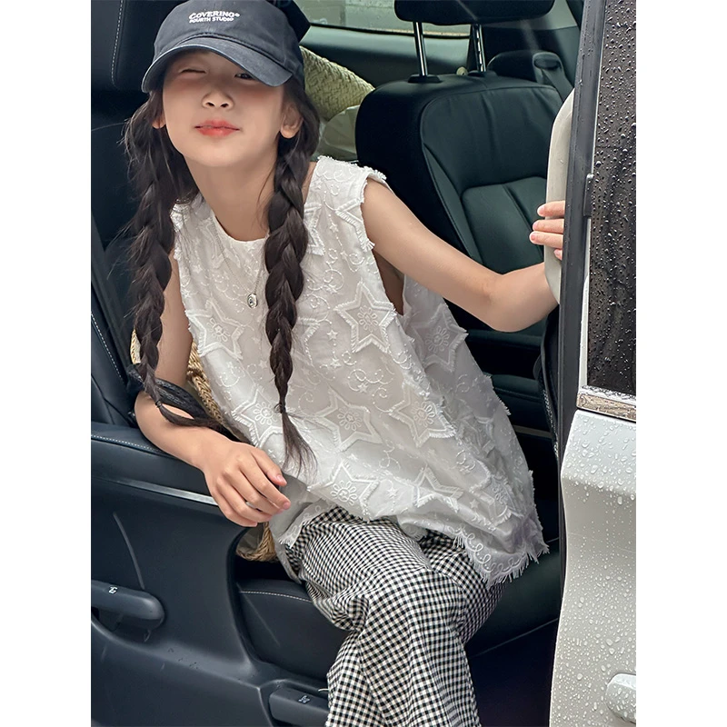 A8126星星立体绣女童夏季背心2025新款儿童无袖上衣打底衫衣服潮