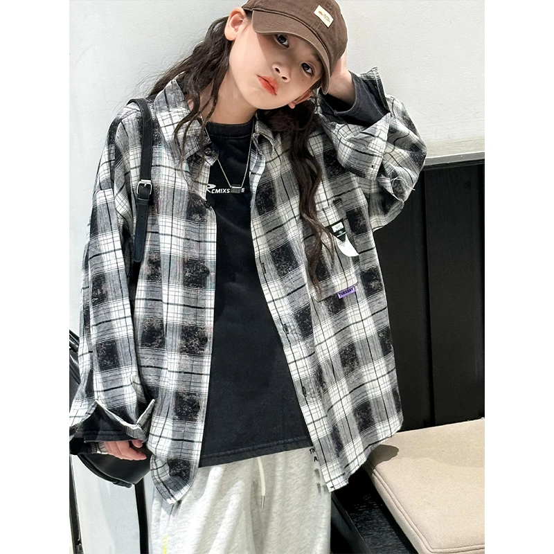 K25954孙小美黑白格女童春秋装衬衫外套2025新款儿童上衣开衫