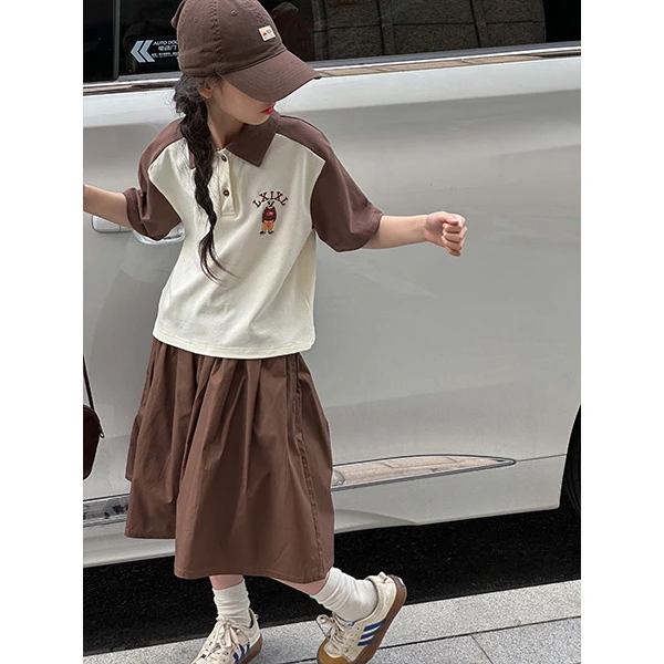 K24057韩国童装女童洋气套装儿童夏季POLO衫短裤两件套2025新款