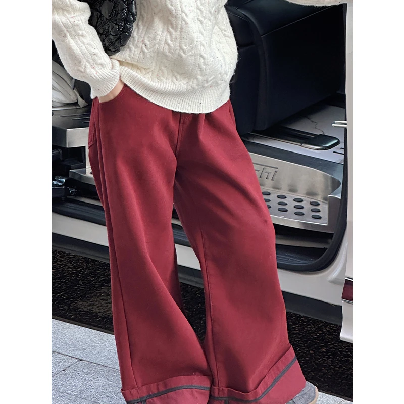 k27472女童休闲裤2025新款秋冬装加绒加厚儿童红色裤子直筒裤时髦