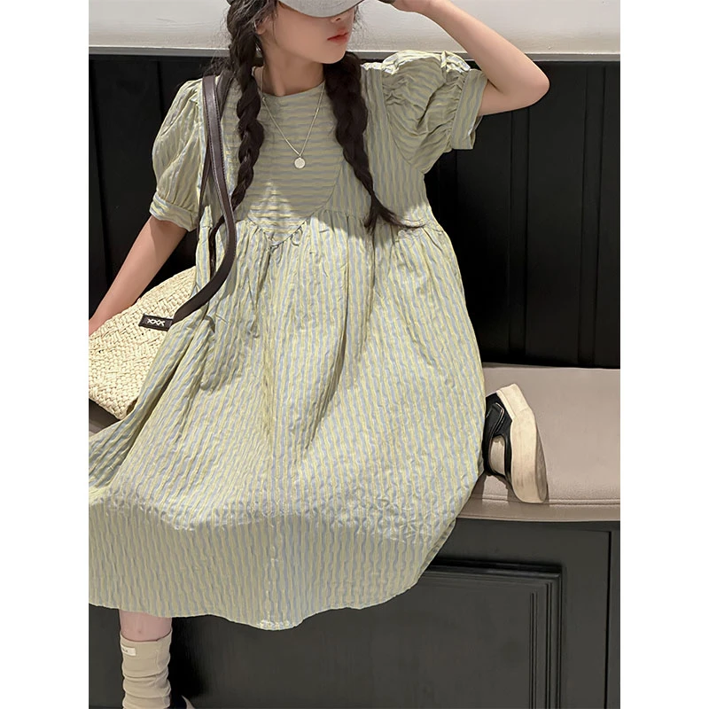 K26704童装女童连衣裙2025夏季新款儿童短袖裙子条纹A字裙棉布裙