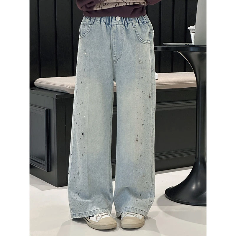 K25632孙小美烫钻女童春秋装牛仔裤2025新款裤子宽松直筒裤潮