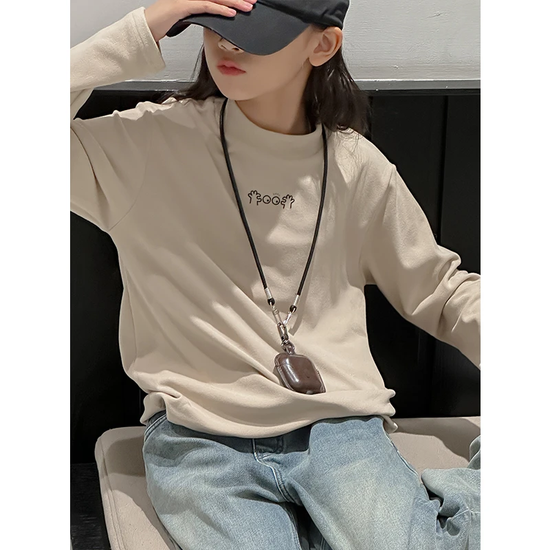 K27519半高领女童长袖T恤2025新款儿童秋冬装磨毛加厚休闲上衣潮t