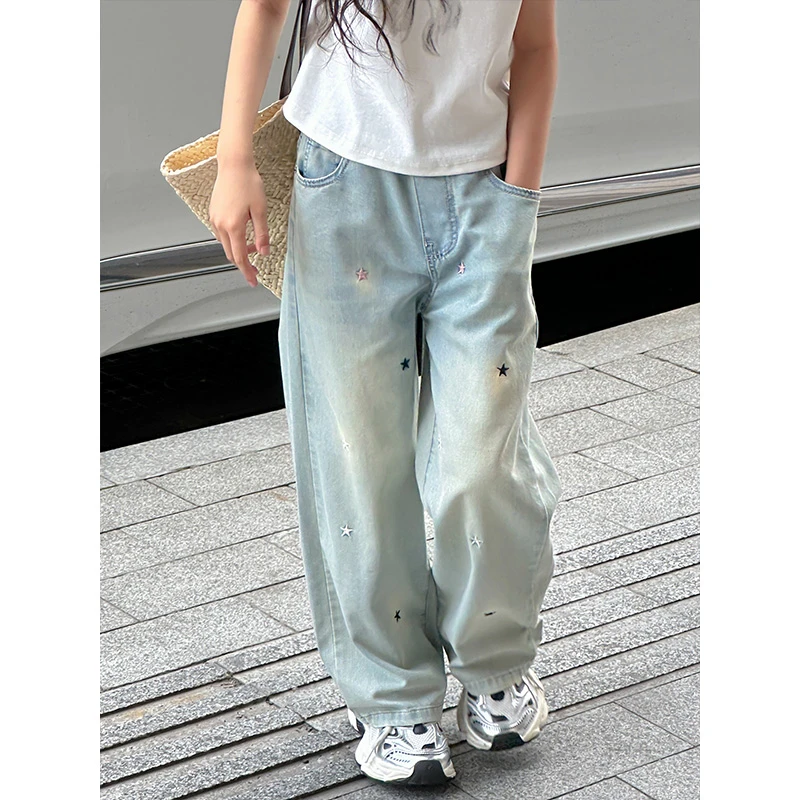 K26307绣花磨白女童夏季牛仔裤薄款2025新款儿童宽松裤子直筒裤潮