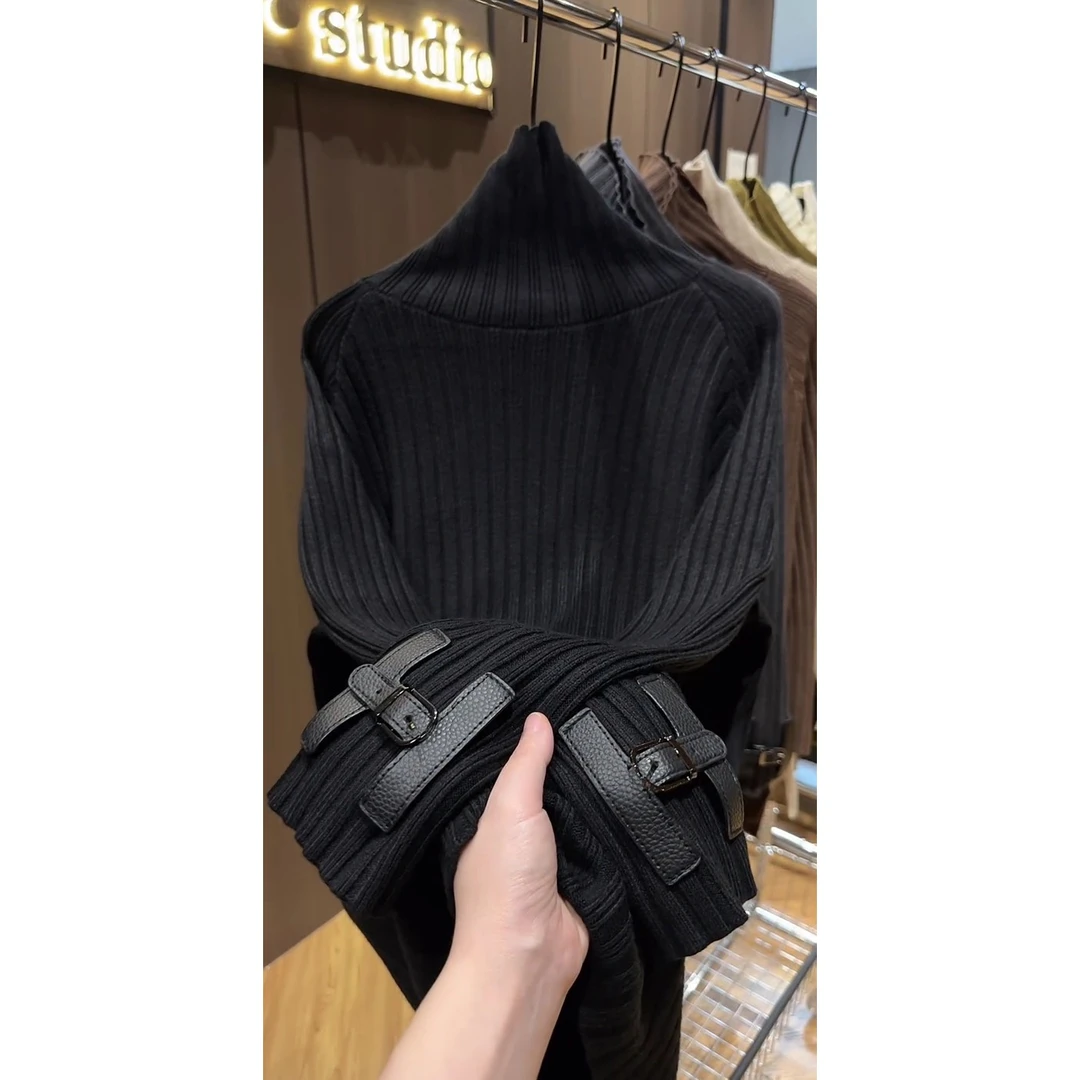 堆堆领H字皮扣坑条女款毛衣高领秋冬百搭净版套头针织衫