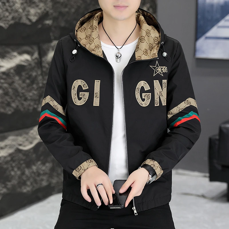 欧版潮牌洋气男士刺绣夹克春秋薄款时尚百搭连帽外套潮流休闲衣服