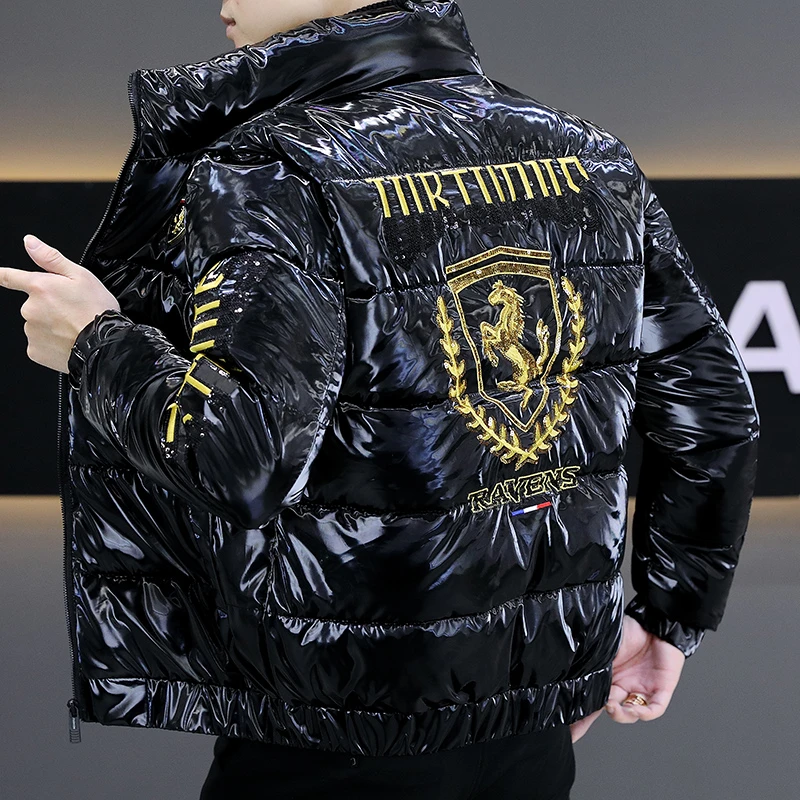 亮面棉服男士冬季新款时尚潮流加厚保暖修身休闲立领刺绣棉衣外套