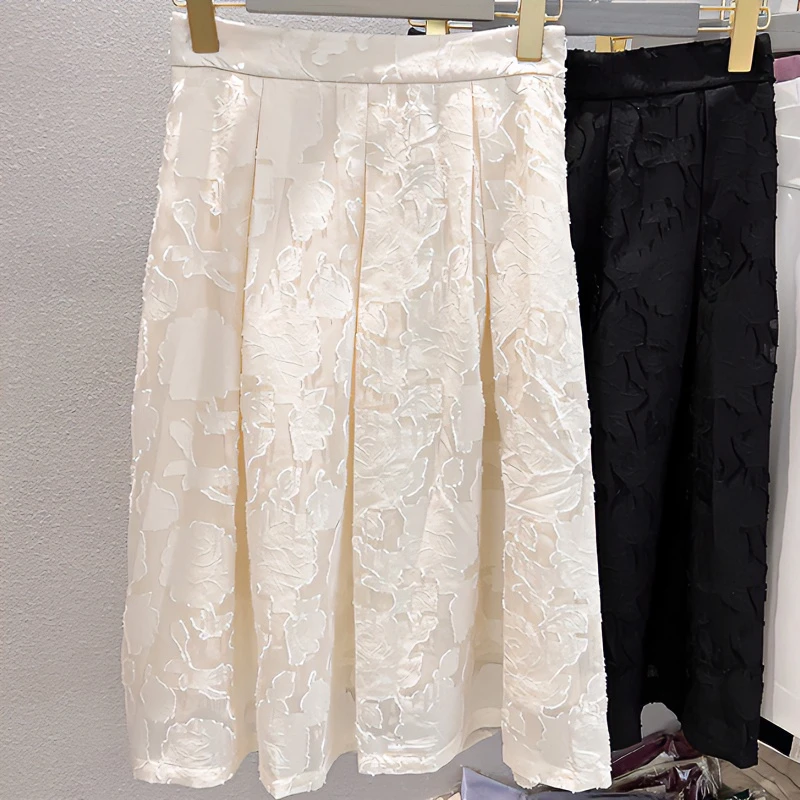 23040女夏季蕾丝立体碎花高腰法式优雅高级感百搭休闲A字半身裙