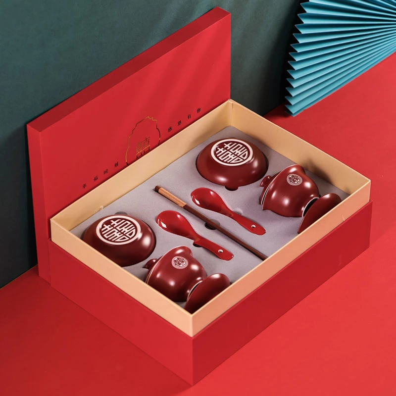 结婚喜碗红碗碗筷一对新婚女方陪嫁婚礼餐具陪嫁套装礼盒装