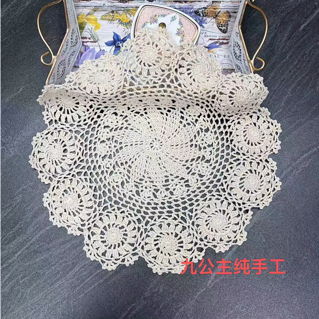 纯手工钩花镂空圆形餐垫欧式茶杯装饰垫复古蕾丝盖巾