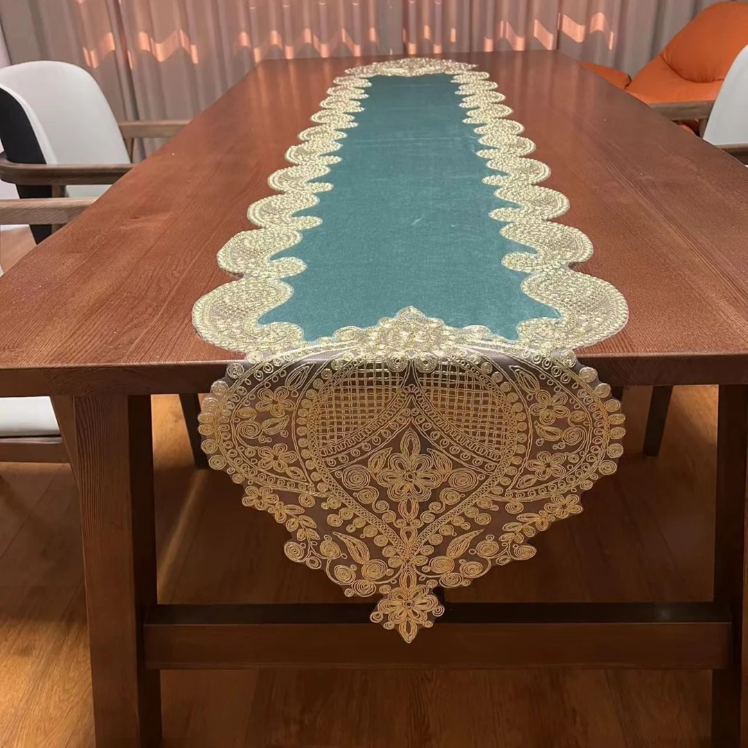 绿色金线欧式尖角蕾丝桌旗餐桌茶几桌布梳妆台五斗柜防尘盖布