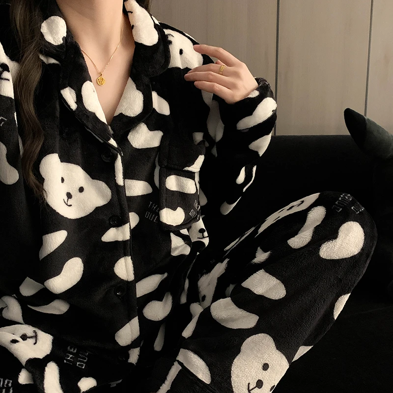 韩版法兰绒睡衣男简约长袖宽松家居服两件套装珊瑚绒加厚款可外穿