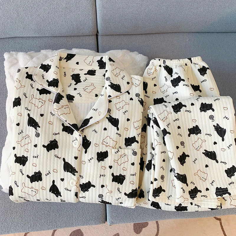 冬天夹棉睡衣少女款秋冬季加厚空气棉甜美可爱日系卡通家居服套装