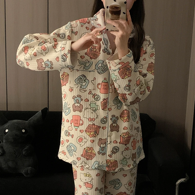 秋冬季夹层加厚睡衣女款可爱KT猫卡通小熊长袖长裤两件套装家居服