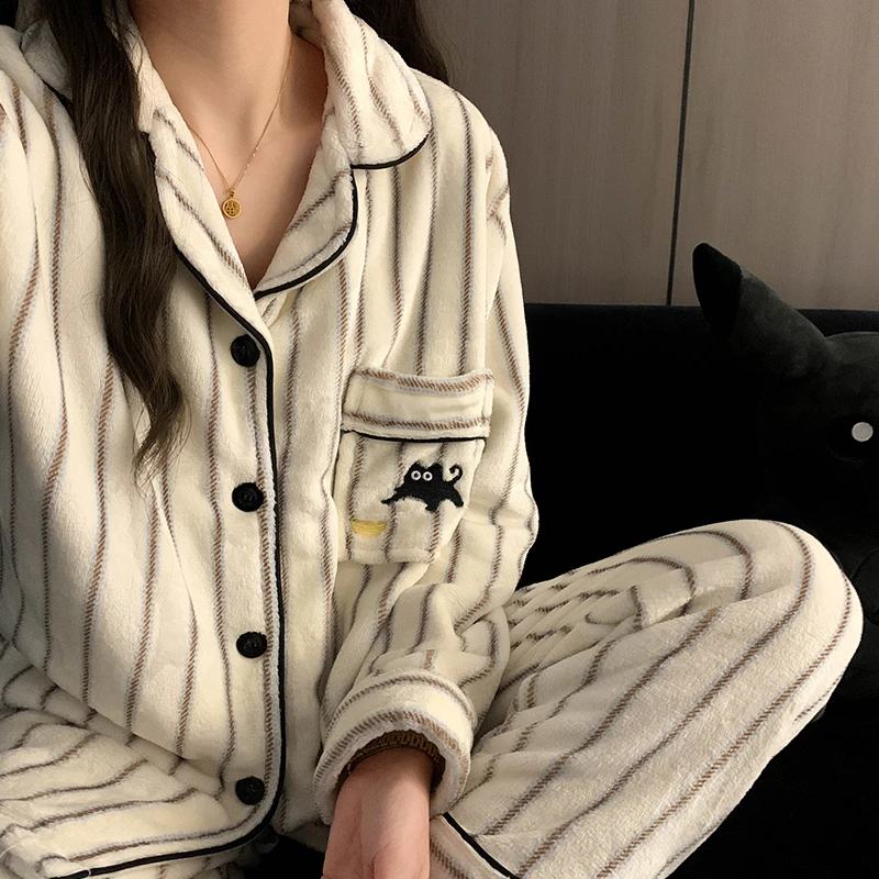 情侣睡衣秋冬法兰绒长袖可爱黑猫女韩版高级感条纹男款外穿家居服