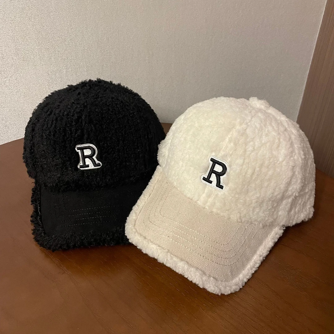 秋冬韩版潮流帽子女 R字母刺绣棒球帽加厚毛绒保暖时尚百搭鸭舌帽