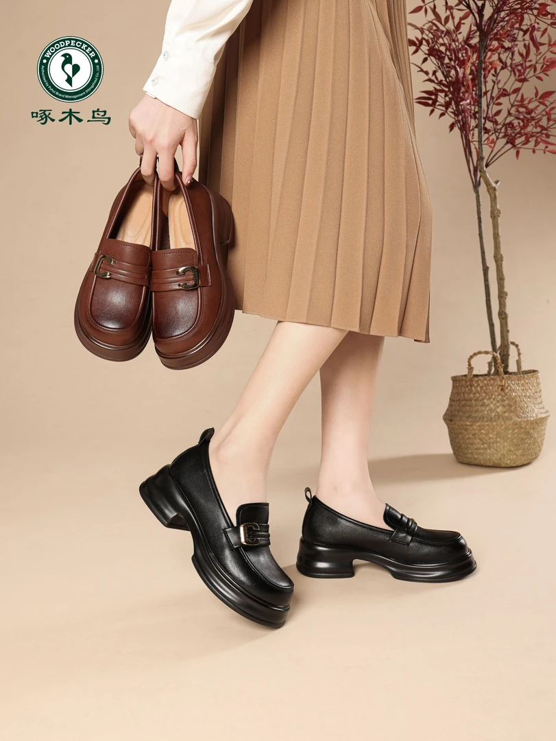 【啄木鸟品牌】春秋季新款软面软底英伦风粗跟皮鞋时尚百搭厚底单鞋