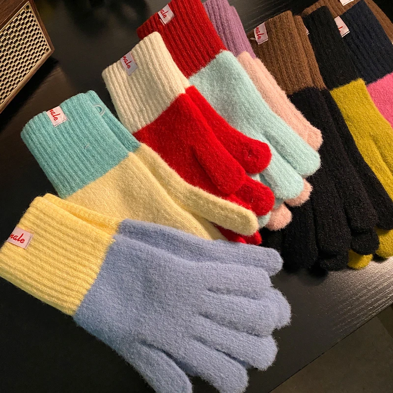 撞色针织手套女2024年新款秋冬季保暖防寒分指可触屏骑行潮流五指