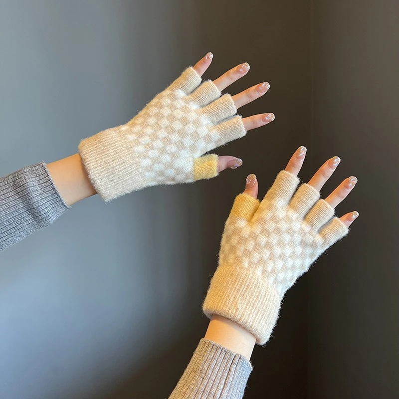 半指手套女士秋冬季韩版保暖防寒加厚毛线针织学生写字漏露指手套