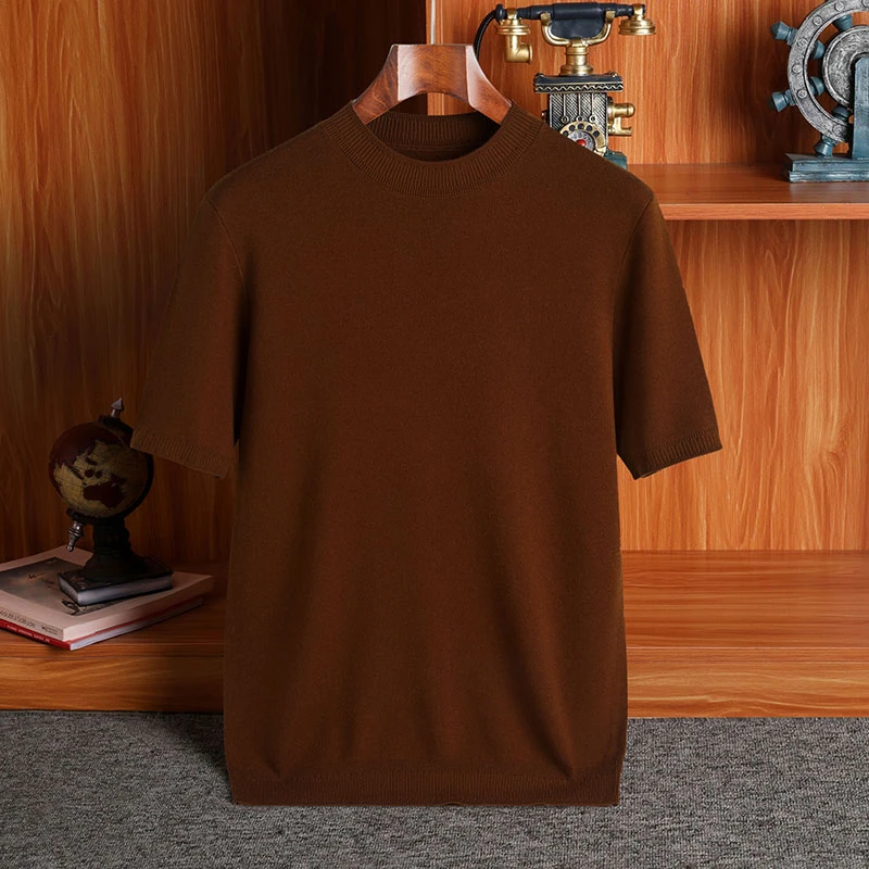 【可机洗100%精纺羊毛】男士春秋加厚纯色圆领休闲针织修身短袖简约