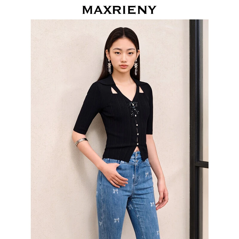 MAXRIENY2023气质毛衫黑色不规则镂空修身v领短针织衫MS88SW556