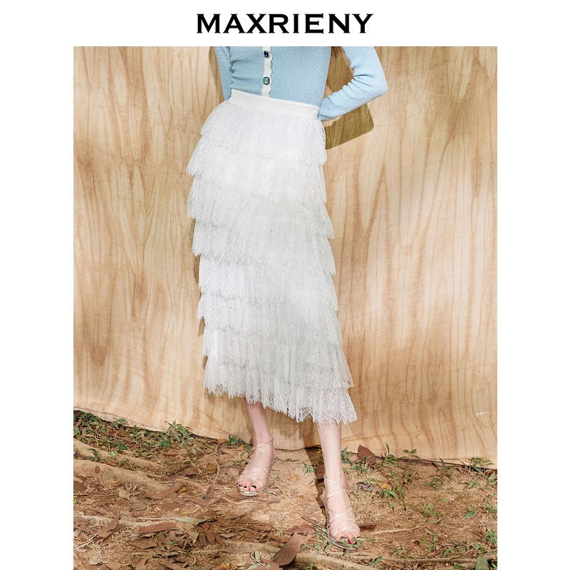 MAXRIENY冰雪美人网纱裙复古蕾丝冬装半裙半身裙
