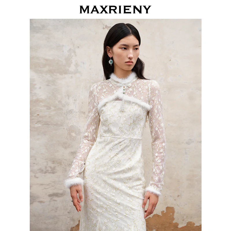 MAXRIENY国风24K蕾丝鱼尾连衣裙新年穿搭新中式长裙小白裙