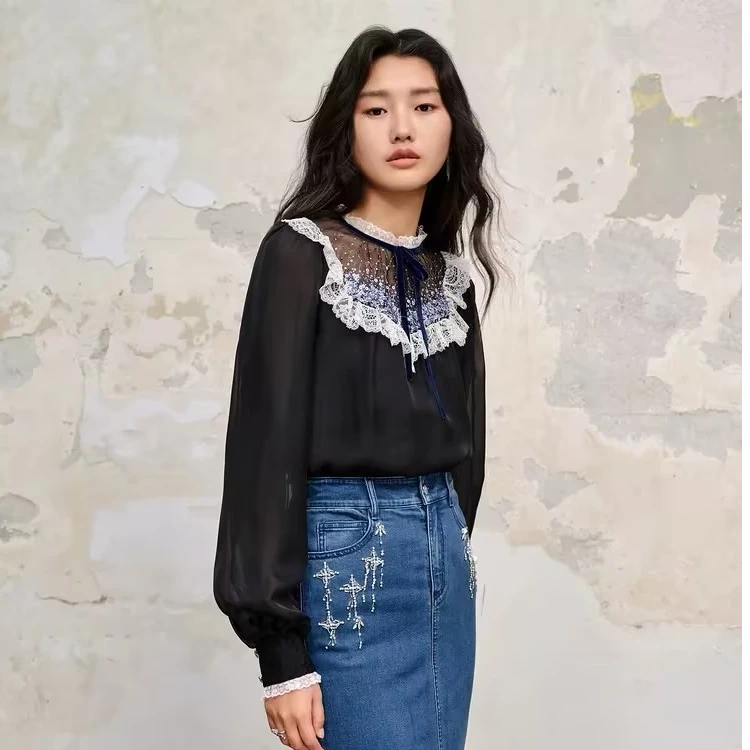 MAXRIENY精致复古感流星珠片衬衫上衣蕾丝雪纺衫气质长袖新款时尚