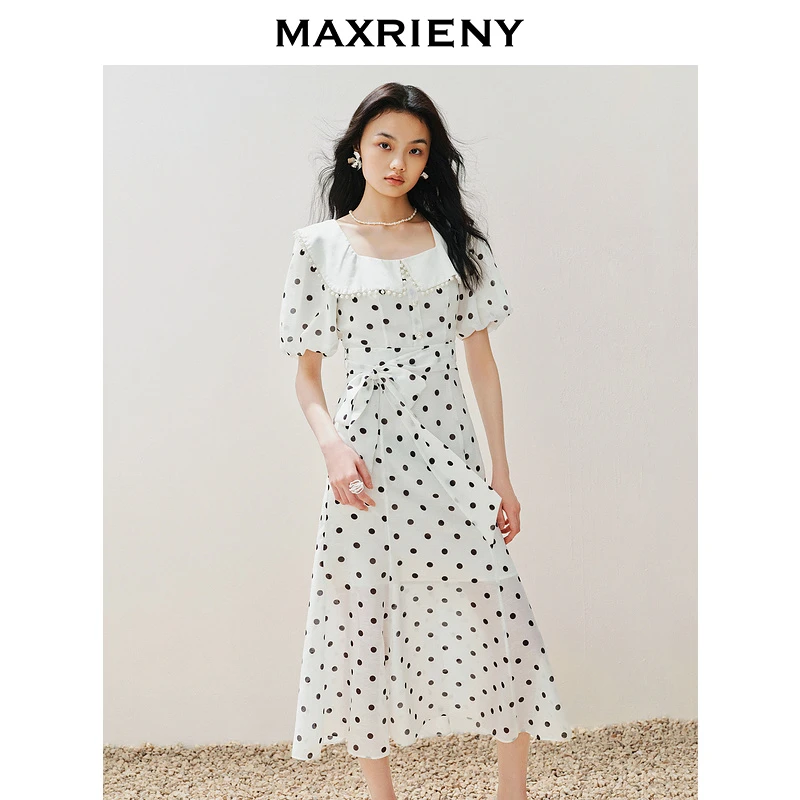 MAXRIENY2024夏季新款黑白波点时尚气质复古女装连衣裙
