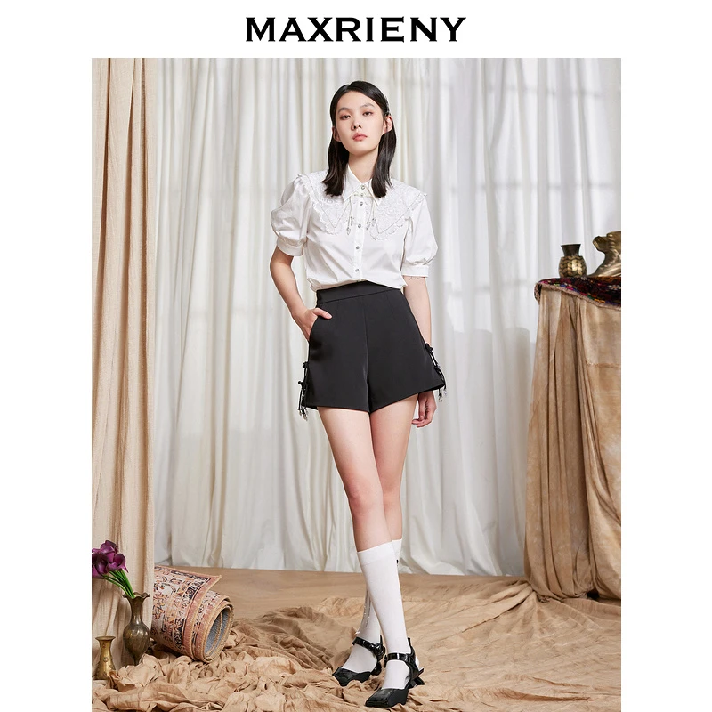 【商场同款】MAXRIENY国风盘扣微喇裤2022夏季黑色蝴蝶结休闲短裤