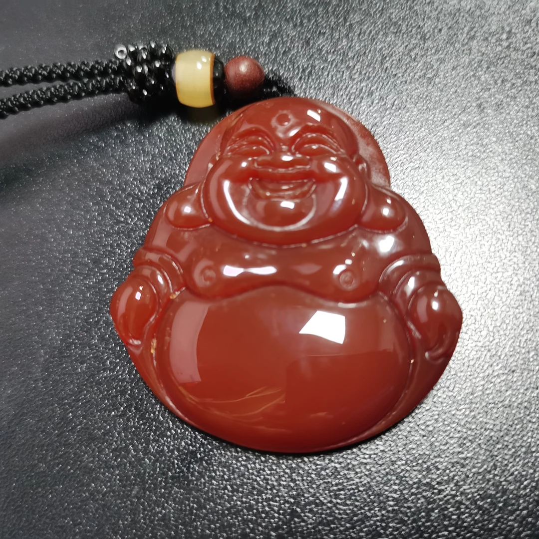 天然牛血红大肚佛笑口佛公吊坠
