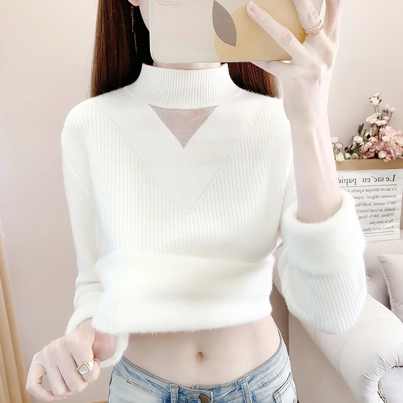 半高领蕾丝毛衣打底衫秋冬女2024新款温柔内搭上衣加厚加绒针织衫
