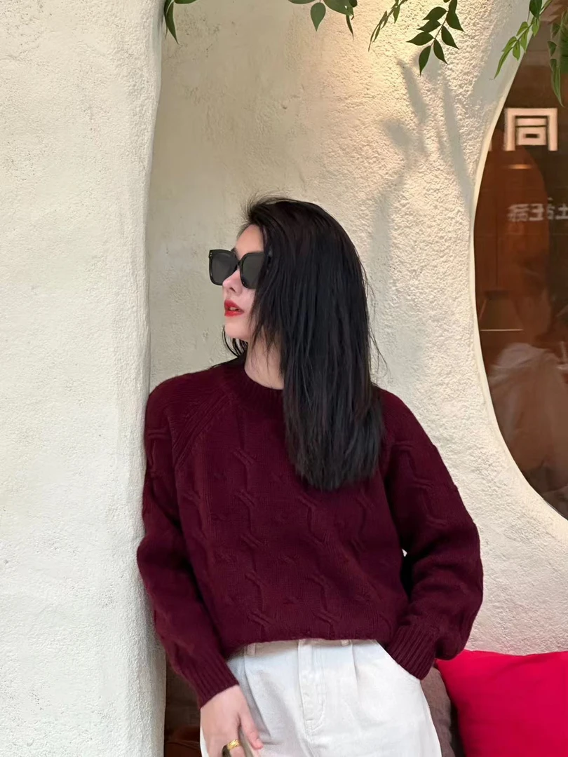 秋冬羊绒慵懒风女装网红气质红色复古简约百搭简约韩版套头1838