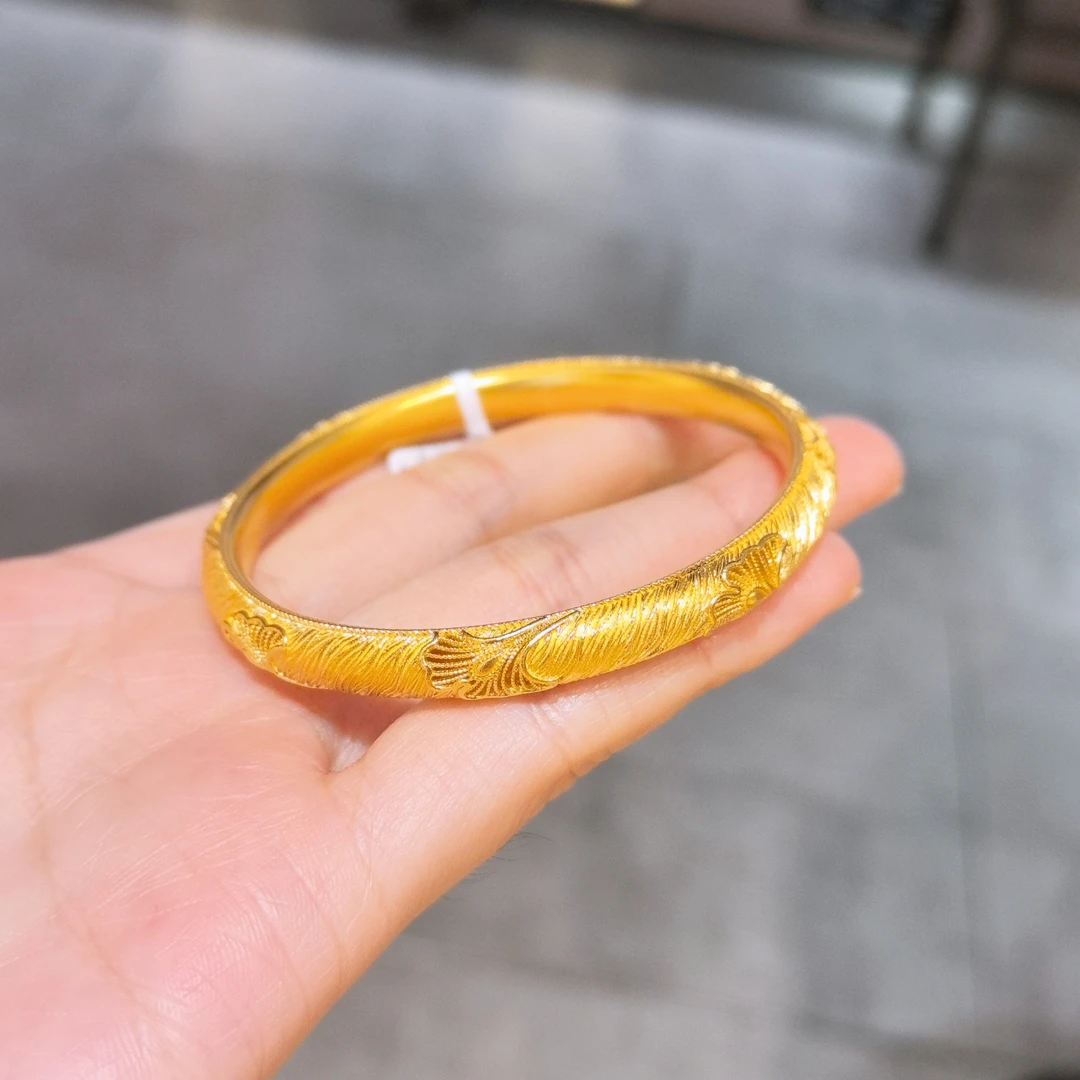 【铭记】足金999 古法银杏叶丝绒足金手镯