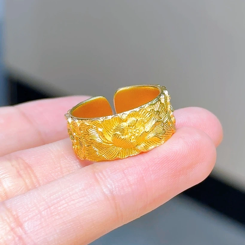 【铭记】足金999 古法錾刻牡丹足金开口戒指