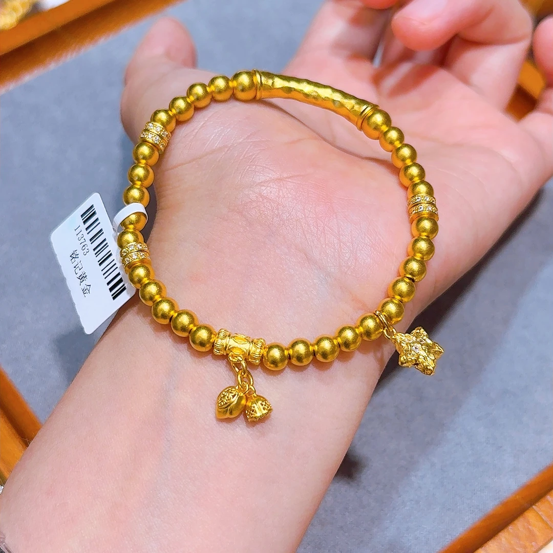 【铭记】足金999 古法镶嵌莫桑星星挂坠珠珠手串