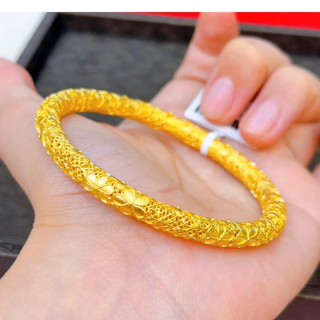 【铭记】足金999 古法花丝桃花足金手镯 百搭 56圈口