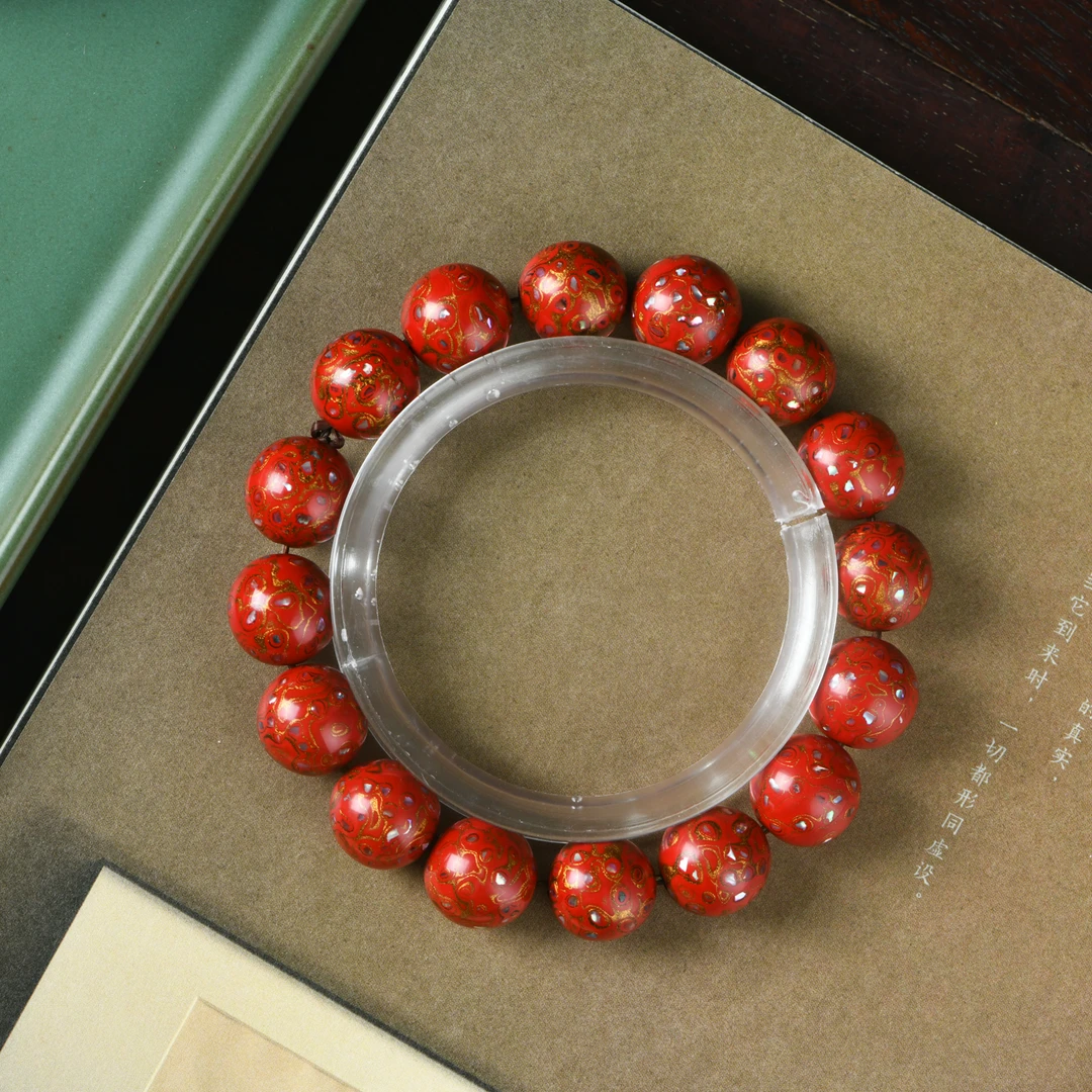 大漆红金配色螺钿镶嵌1.2手串16颗