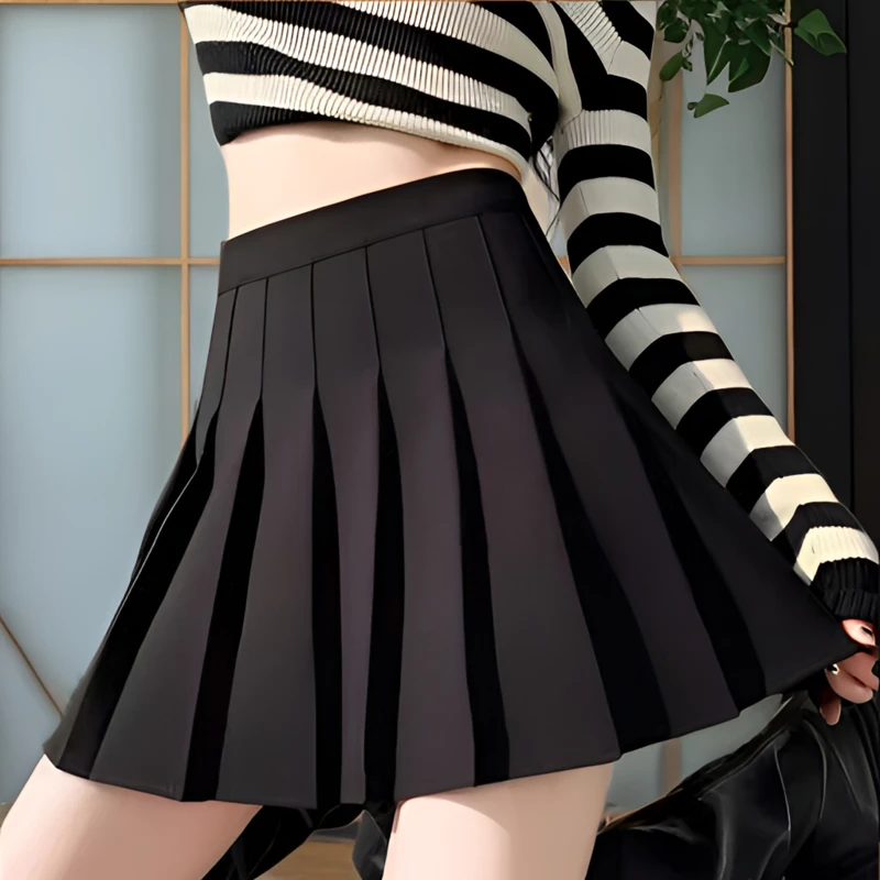 大码黑色百褶裙胖mm显瘦半身裙高腰A字防走光裙子百搭短裙中国风