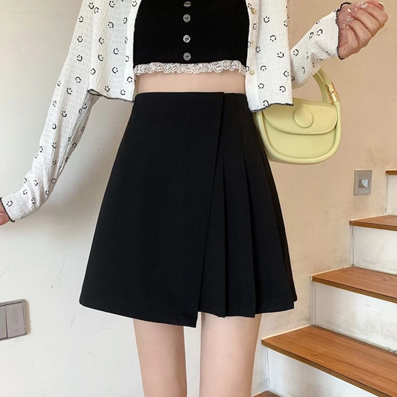 大码黑色显瘦半身裙设计感小众褶皱百褶裙2024春秋高腰A字短裙