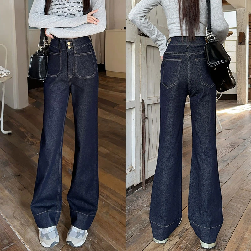 复古双扣设计垂感弹力阔腿牛仔裤大码女装秋冬新款梨型身材直简裤