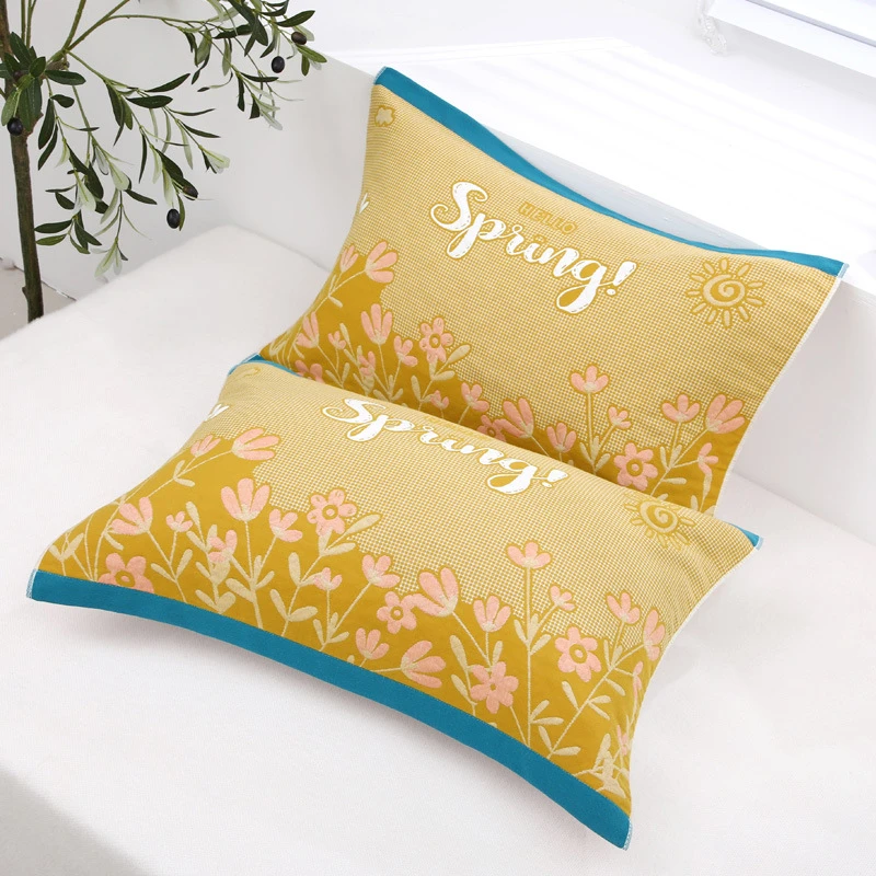 纯棉纱布枕巾五层成人枕头巾红色结婚用不掉毛不掉色