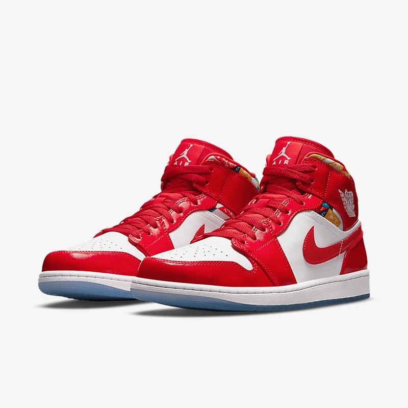 Air Jordan 1 Mid AJ1白红 几何印花 男款 中帮篮球鞋 DC7294-600
