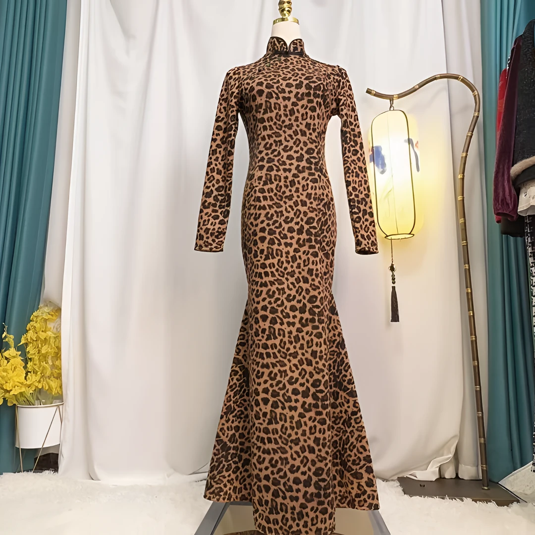 编码024秋冬加绒加厚复古时尚豹纹印花旗袍改良鱼尾裙旗袍